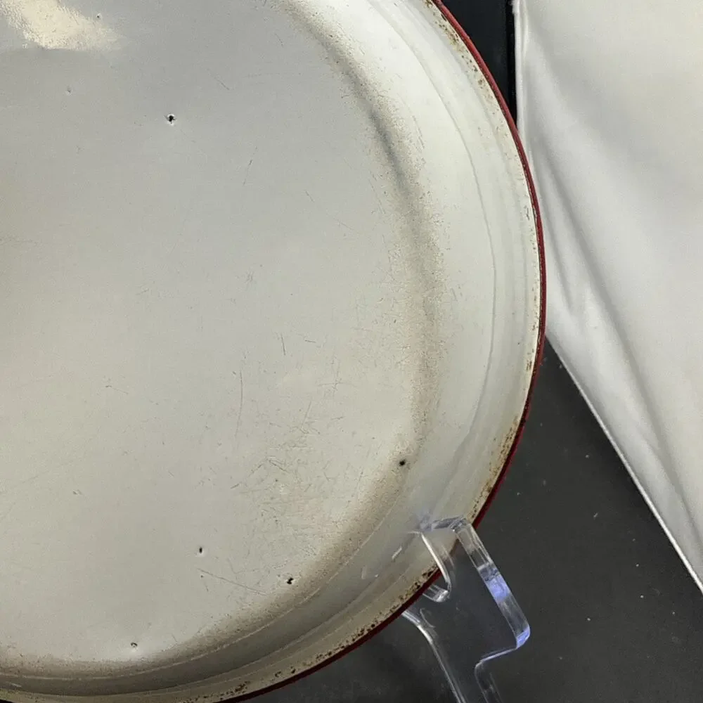 Vintage White Red Rim Enamelware Dinner Plate Farmhouse Camp Rustic 9.25 Inches
